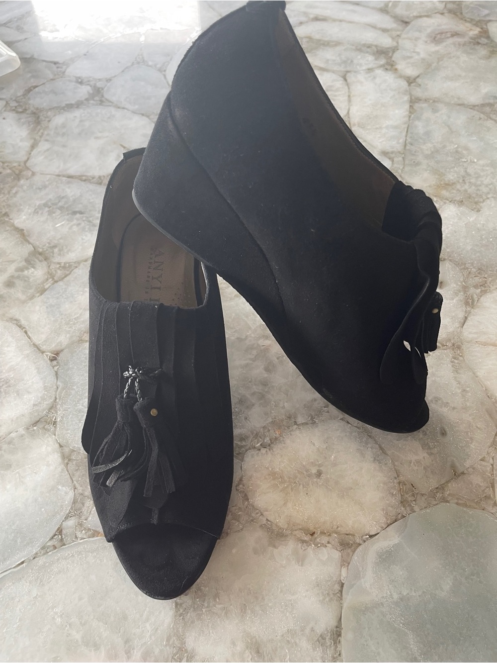 Anyi Lu Black Suede Peep-Toe Wedge Heels with Tassel Accent
